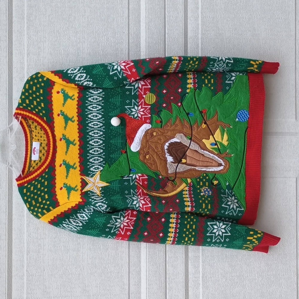 Holiday Time T-REX Dinosaur Ugly Christmas Sweater Embroidered Felt Mens Medium